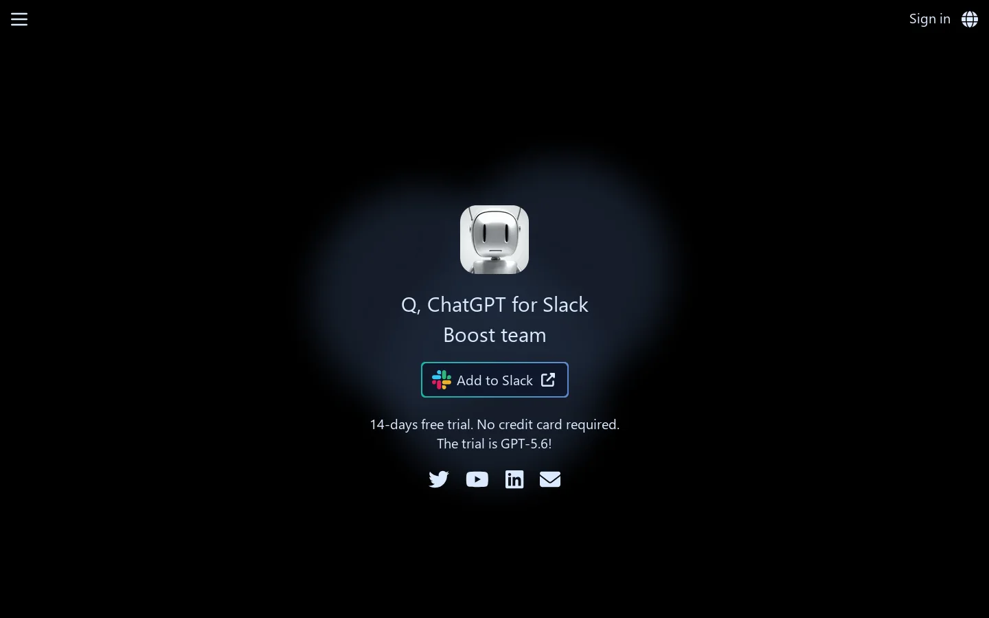 Home - Q, ChatGPT for Slack Homepage screenshot