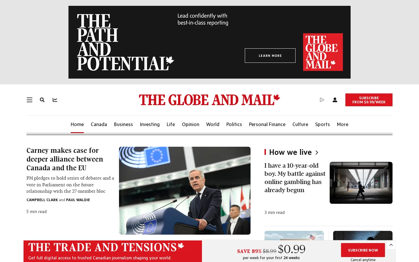 The Globe and Mail Homepage screenshot