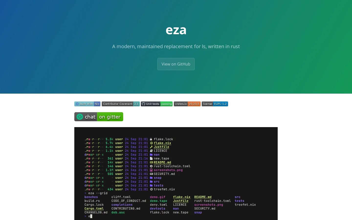 eza Homepage screenshot