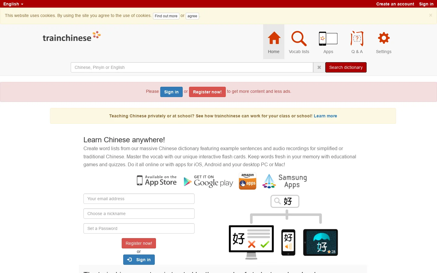 Chinese-English dictionary and flashcards Trainchinese Homepage screenshot