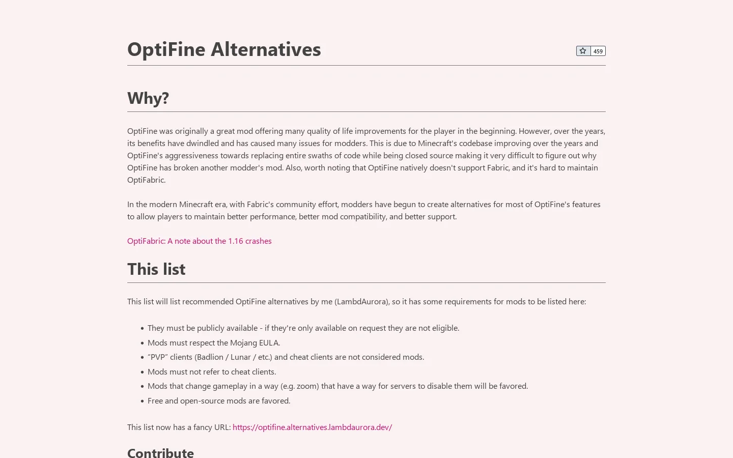 OptiFine Alternatives Homepage screenshot
