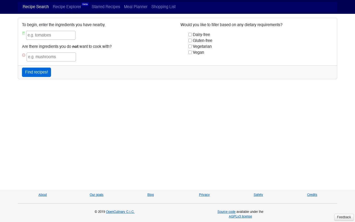 RecipeRadar Homepage screenshot