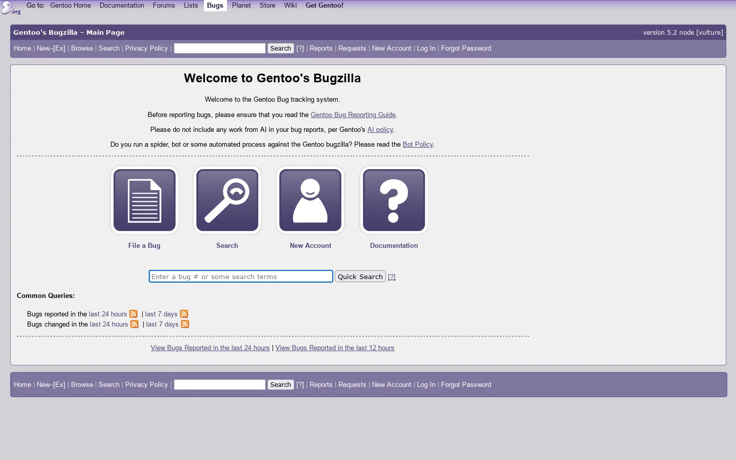 Gentoo's Bugzilla Main Page Homepage screenshot