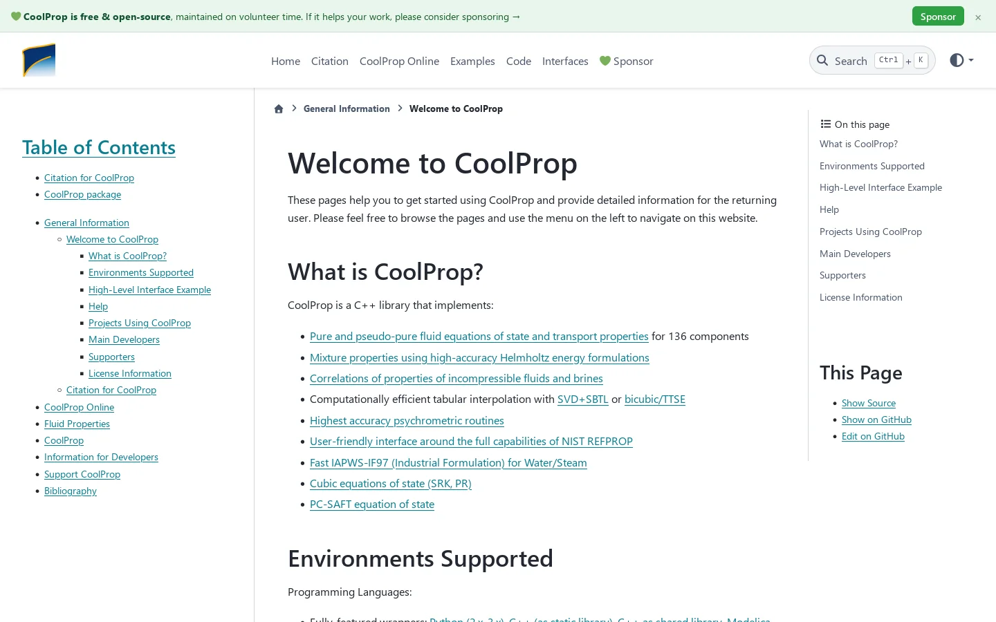 CoolProp 8.0.0 documentation Homepage screenshot