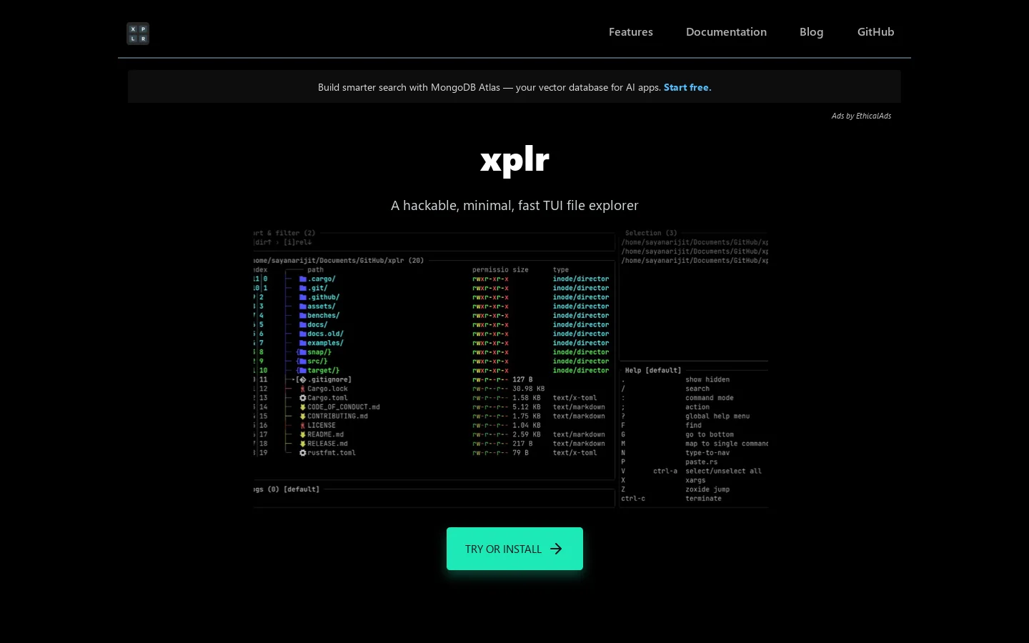 xplr Homepage screenshot