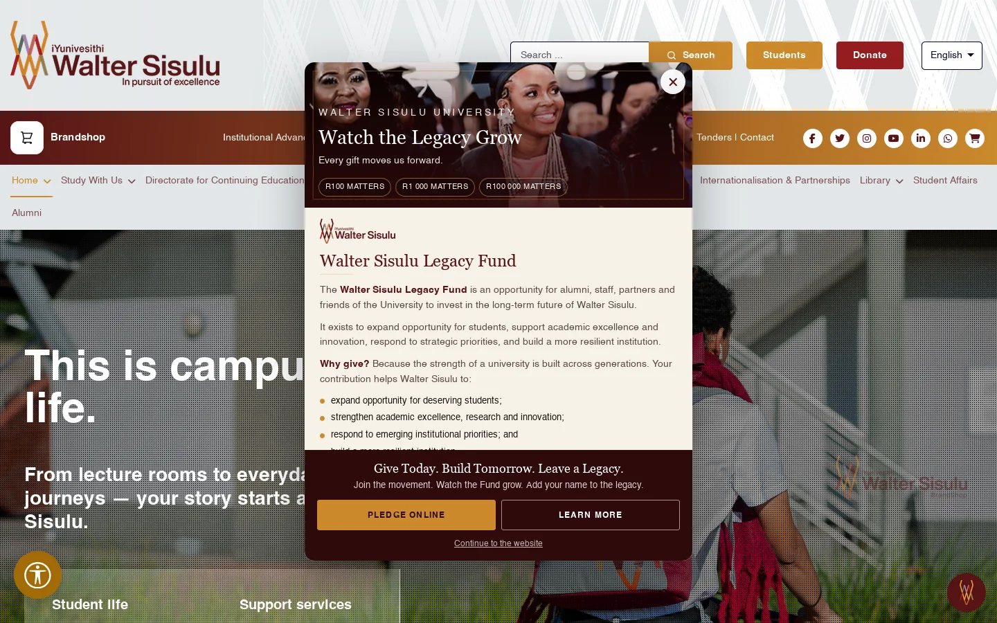 Welcome to Walter Sisulu University Homepage screenshot