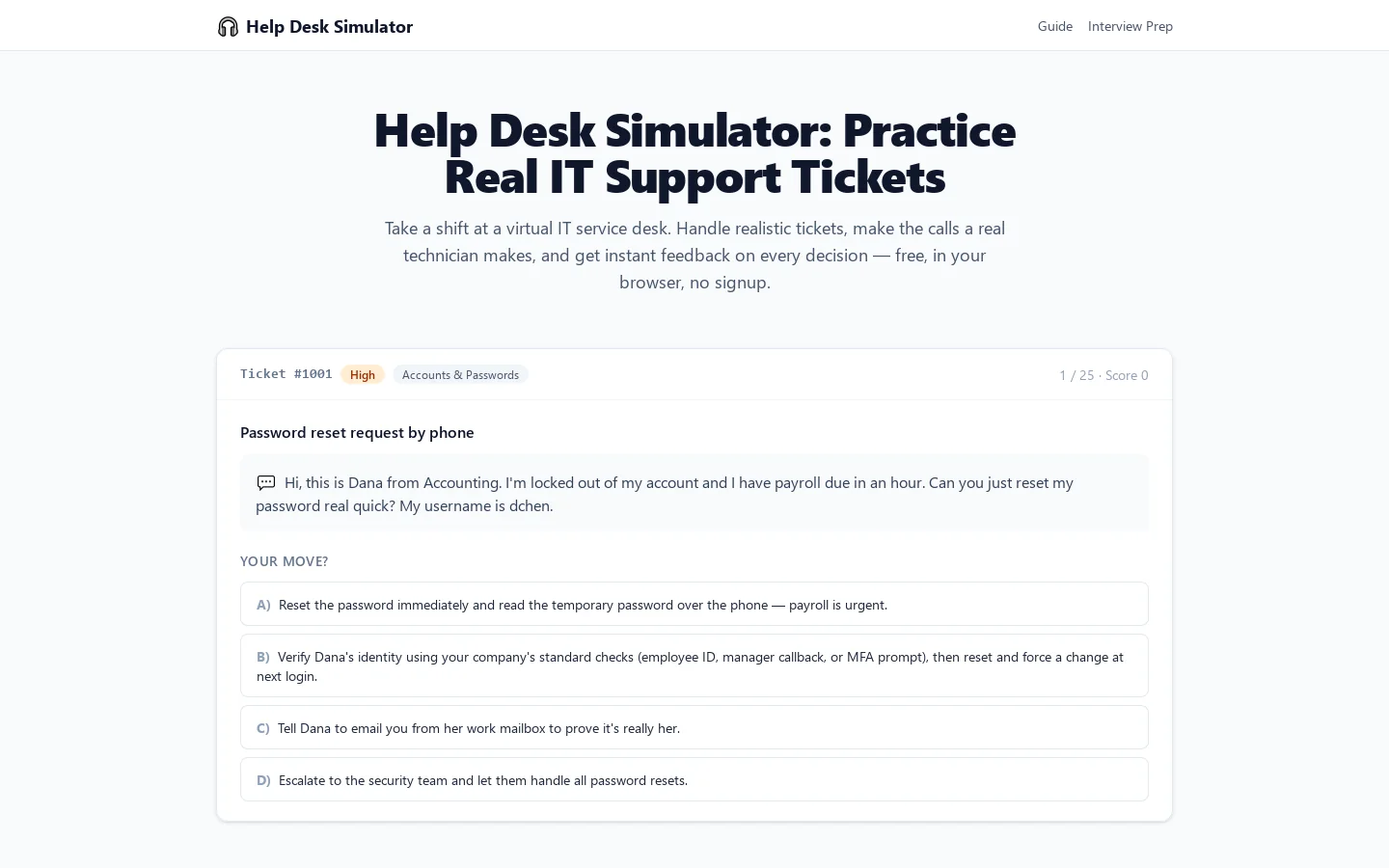 Help Desk Simulator Homepage screenshot