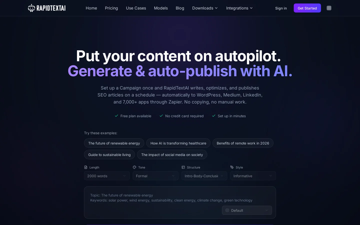 RapidTextAI - AI Article Generator & Auto-Publishing Platform Homepage screenshot