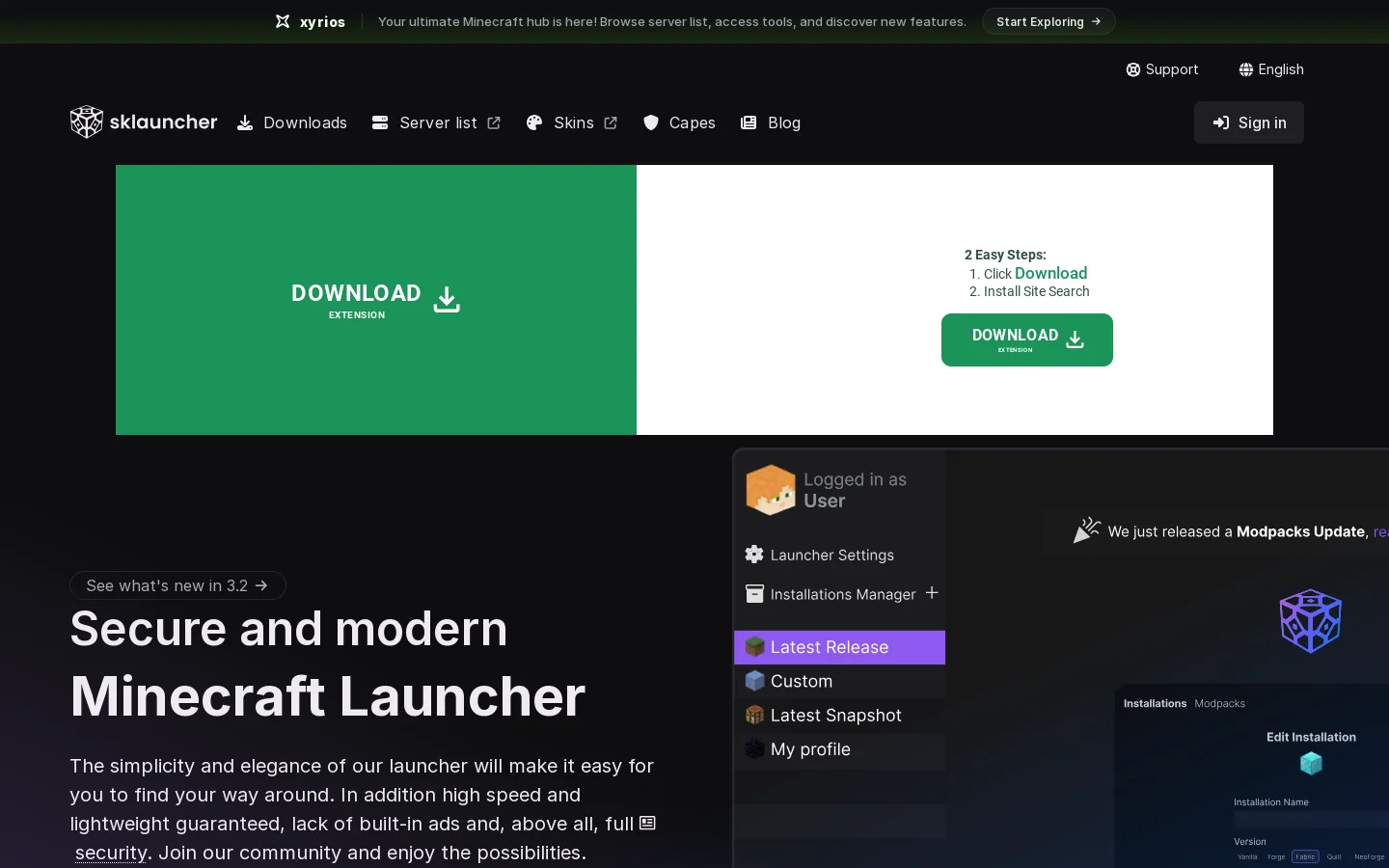 The Minecraft Launcher | SKlauncher Homepage screenshot