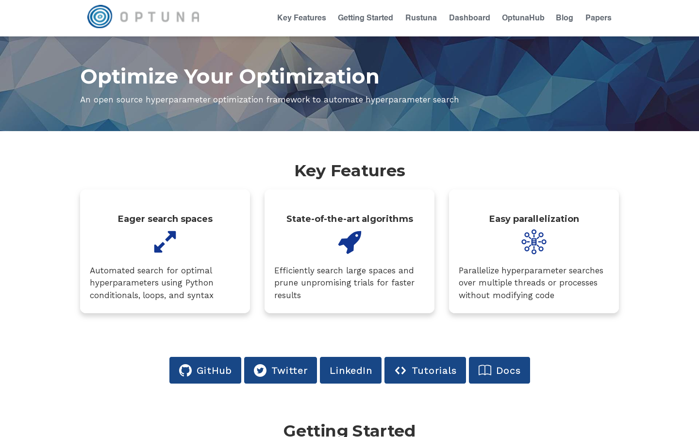Optuna Homepage screenshot