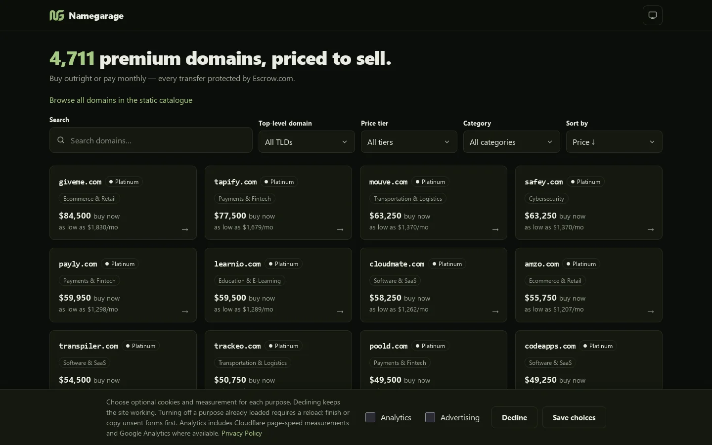 Namegarage Homepage screenshot