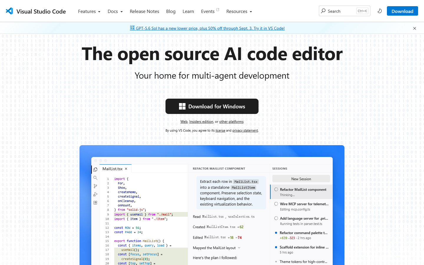 Visual Studio Code - The open source AI code editor | Your home for multi-agent development Homepage screenshot