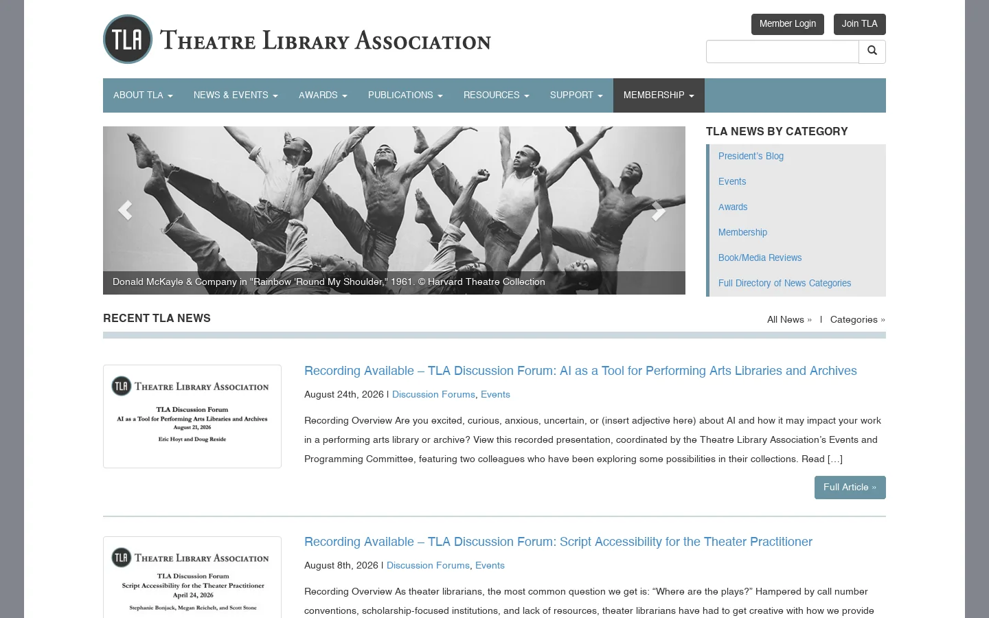 | Theatre Library Association Homepage screenshot