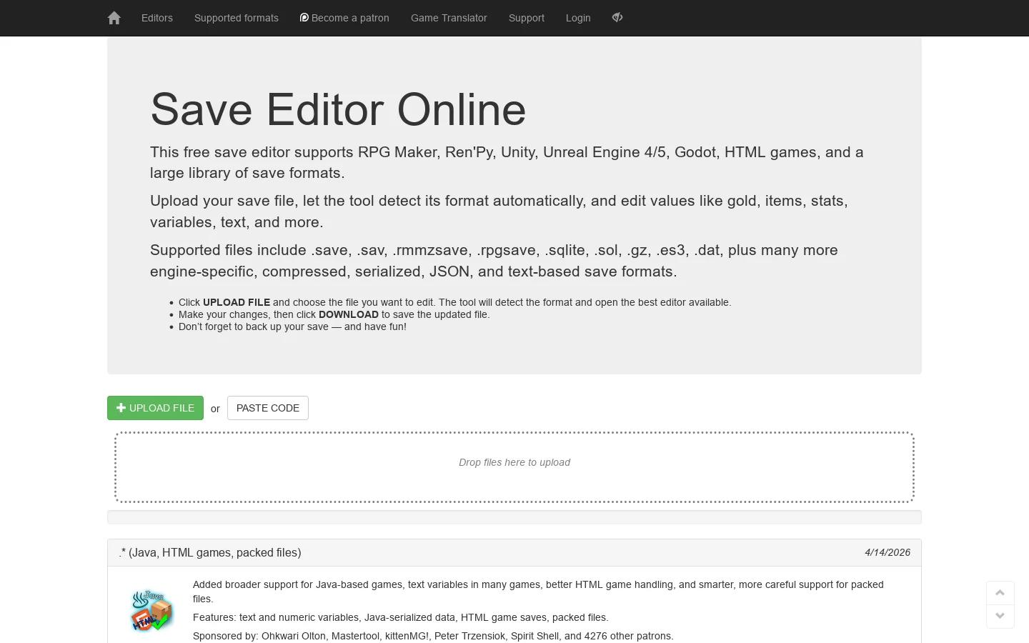 Save Editor Homepage screenshot