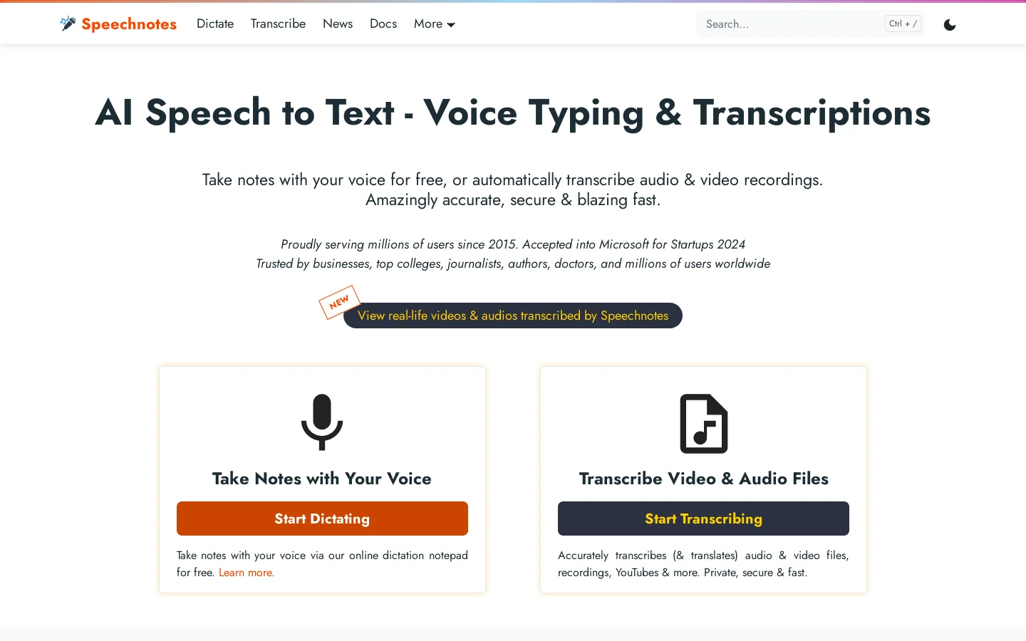 Free Speech to Text Online, Voice Typing & Transcription Homepage screenshot