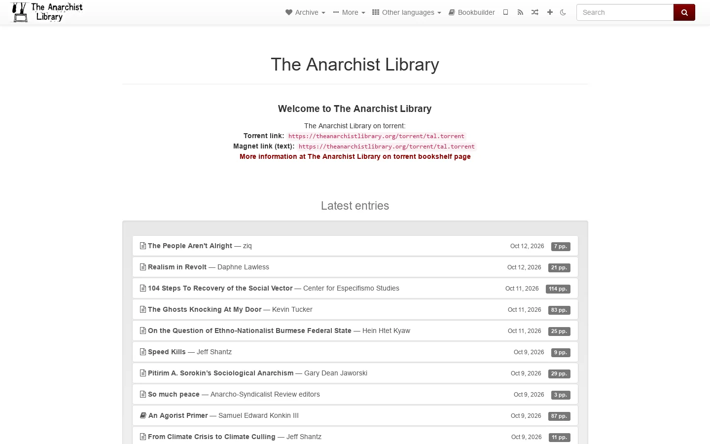 The Anarchist Library Homepage screenshot