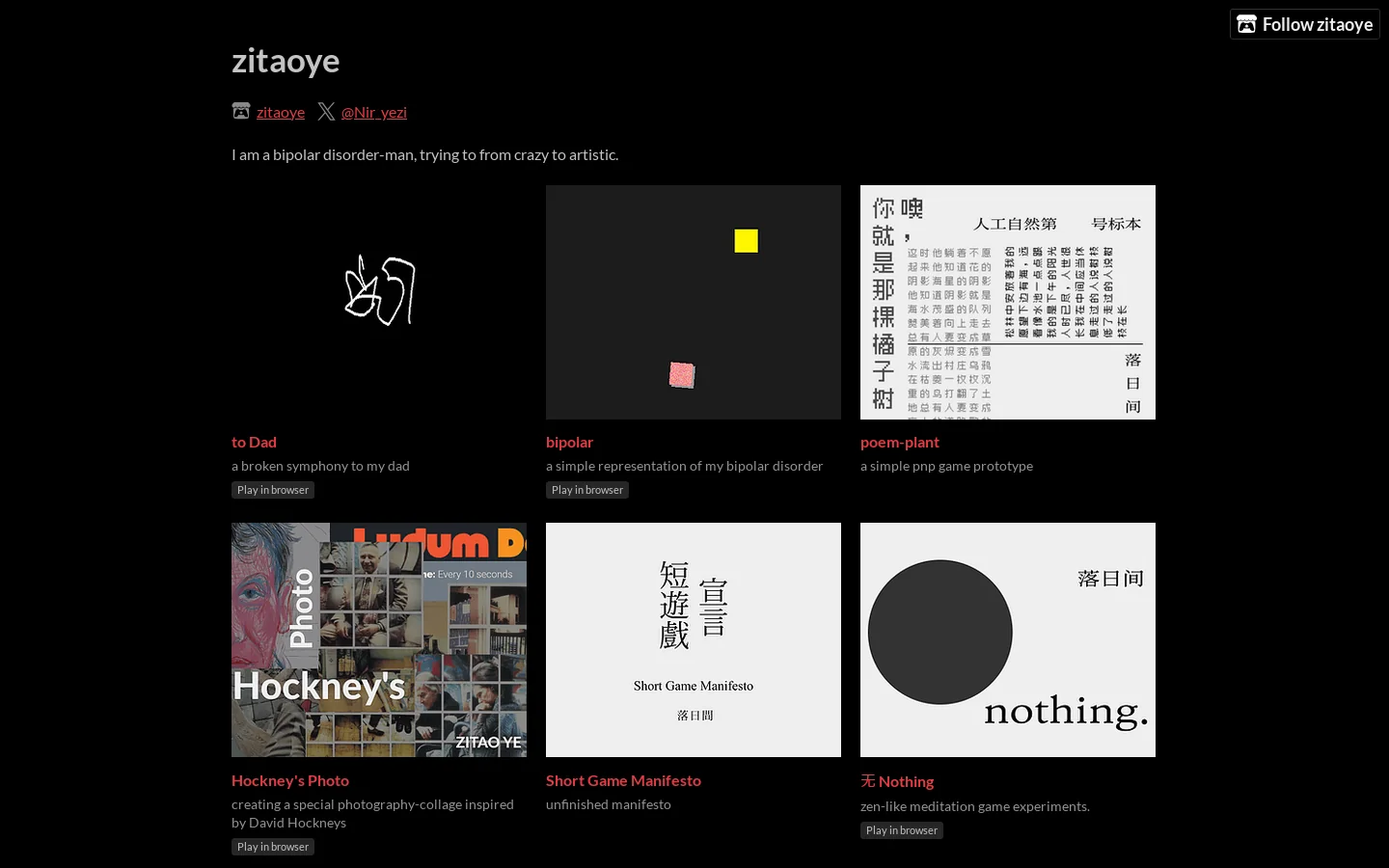zitaoye - itch.io Homepage screenshot