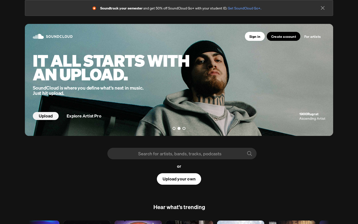Stream and listen to music online for free with SoundCloud Homepage screenshot