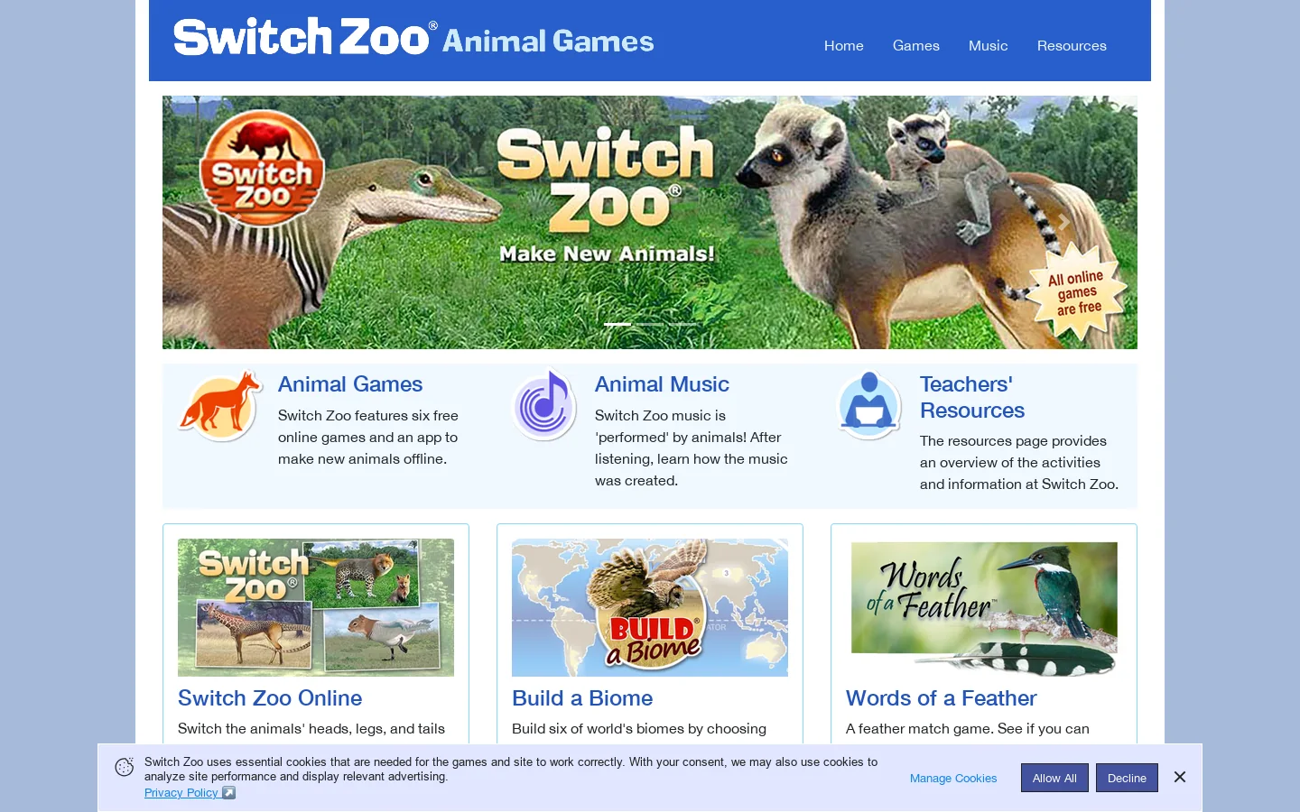 Switch Zoo Animal Games Homepage screenshot