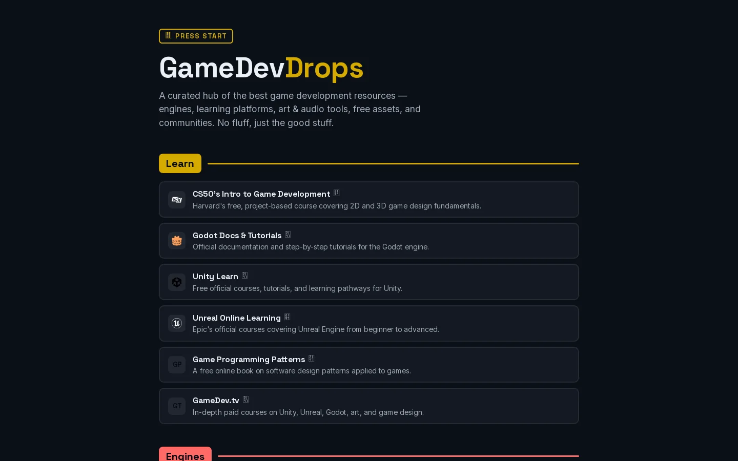 GameDev Drops Homepage screenshot