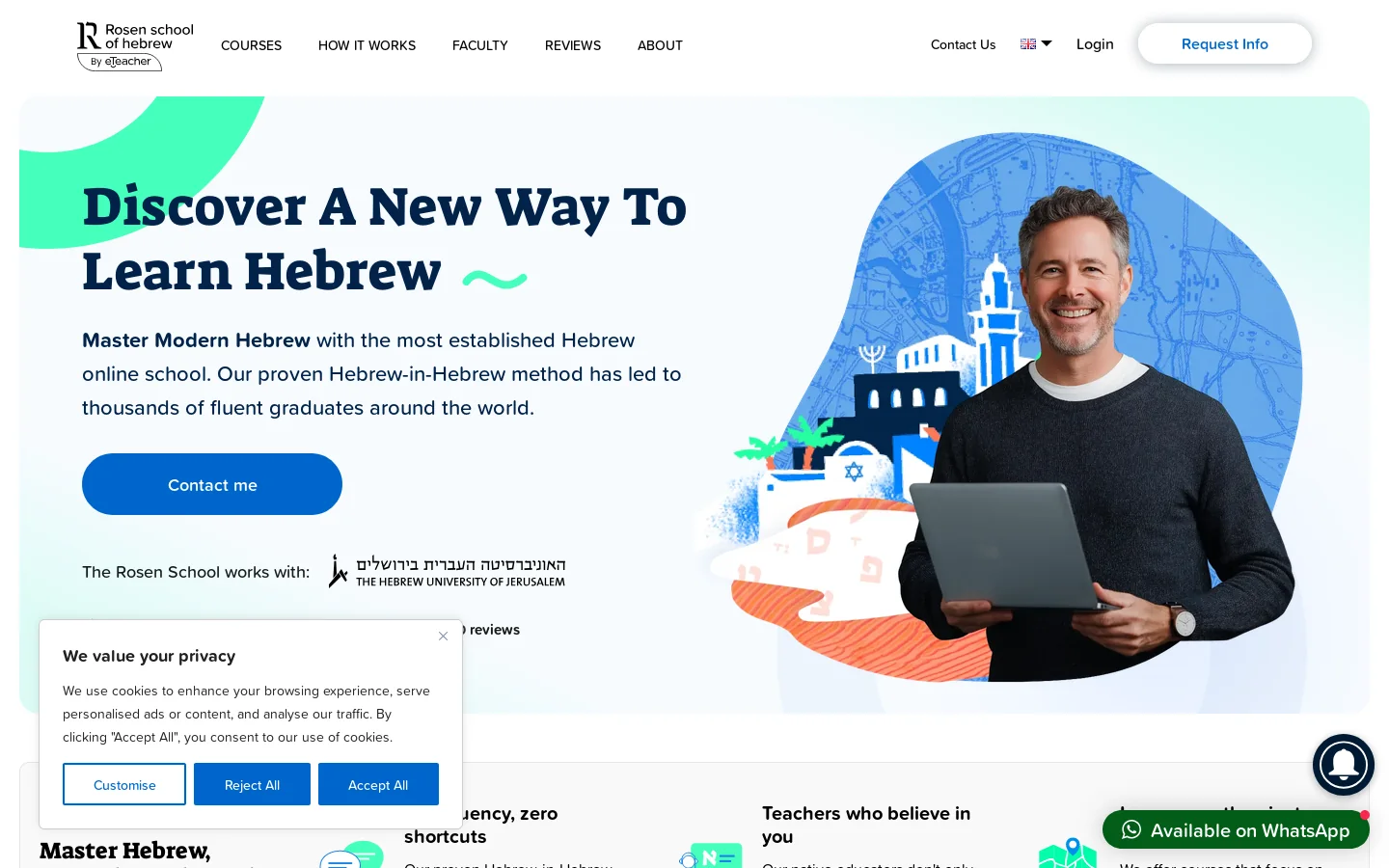 Learn Hebrew Online with Israeli Teachers - Rosen School of Hebrew Homepage screenshot