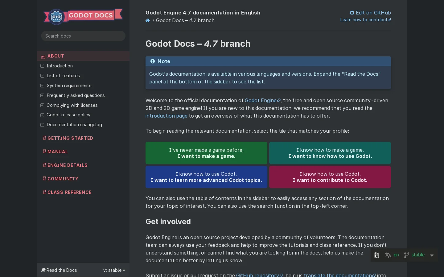 Godot Docs – 4.7 branch — Godot Engine (stable) documentation in English Homepage screenshot