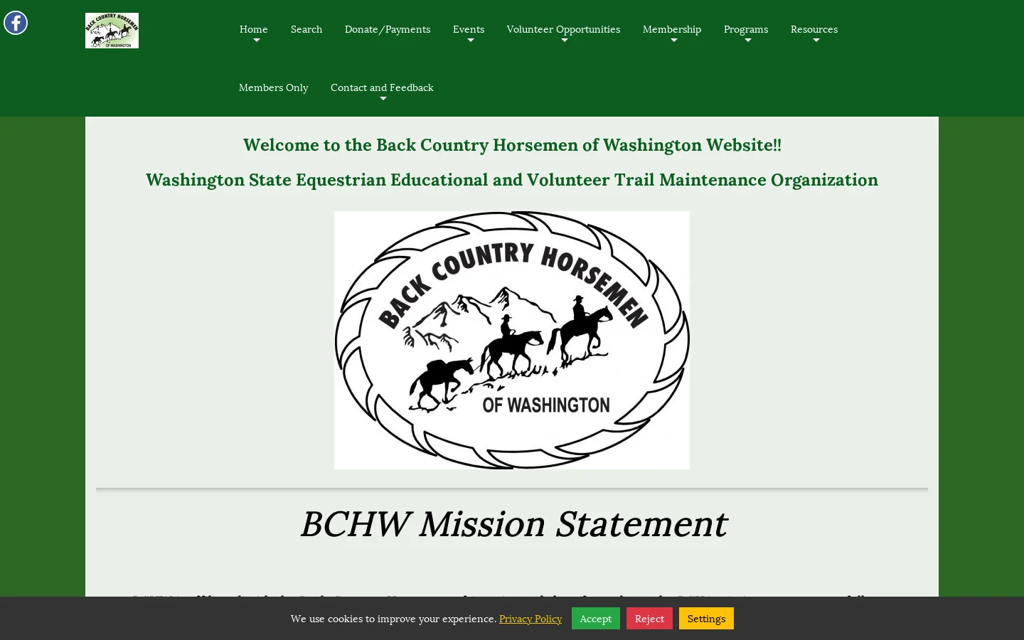 Washington State Equestrian Educational and Volunteer Trail Maintenance Organization - Back Country Horsemen of Washington Homepage screenshot