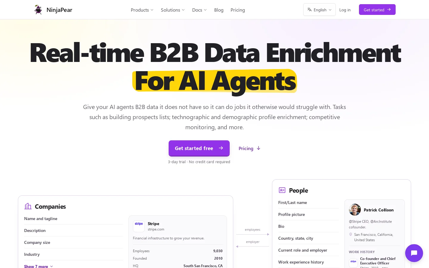 Real-time B2B Data Enrichment For AI Agents | NinjaPear Homepage screenshot