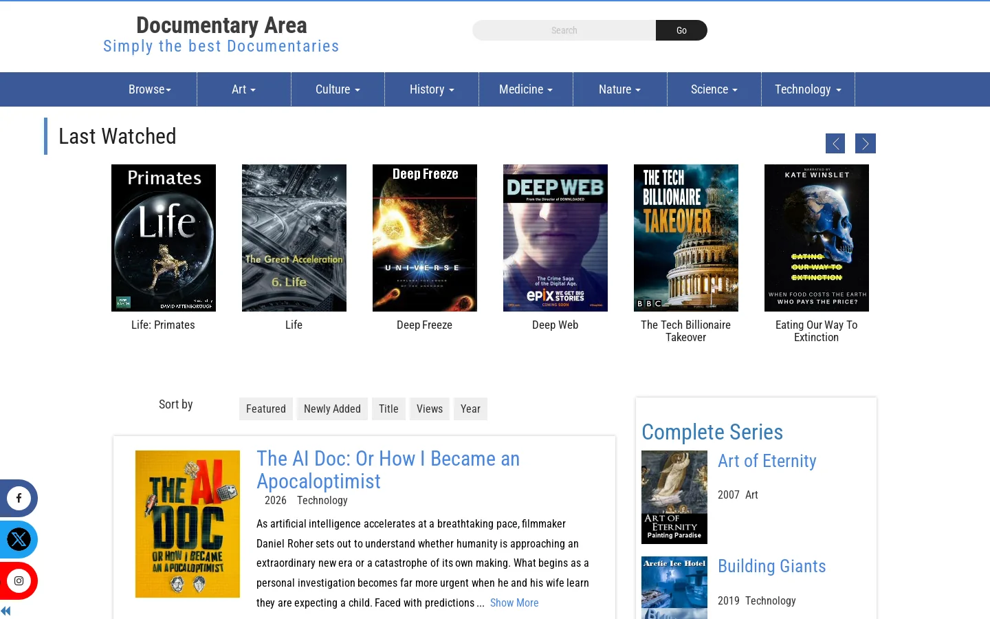 Documentary Area Homepage screenshot