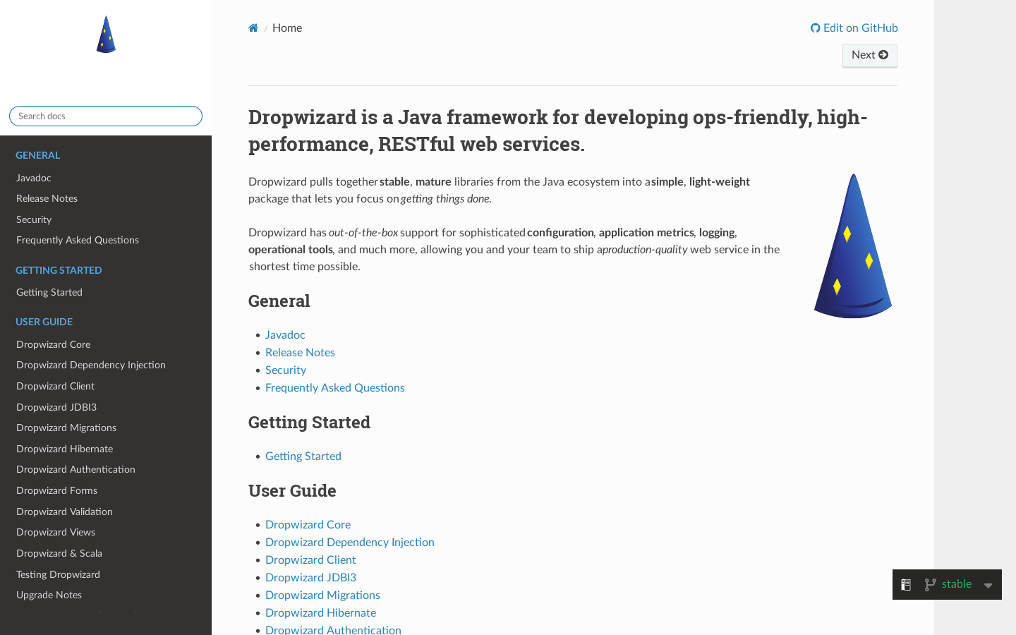 Dropwizard Homepage screenshot