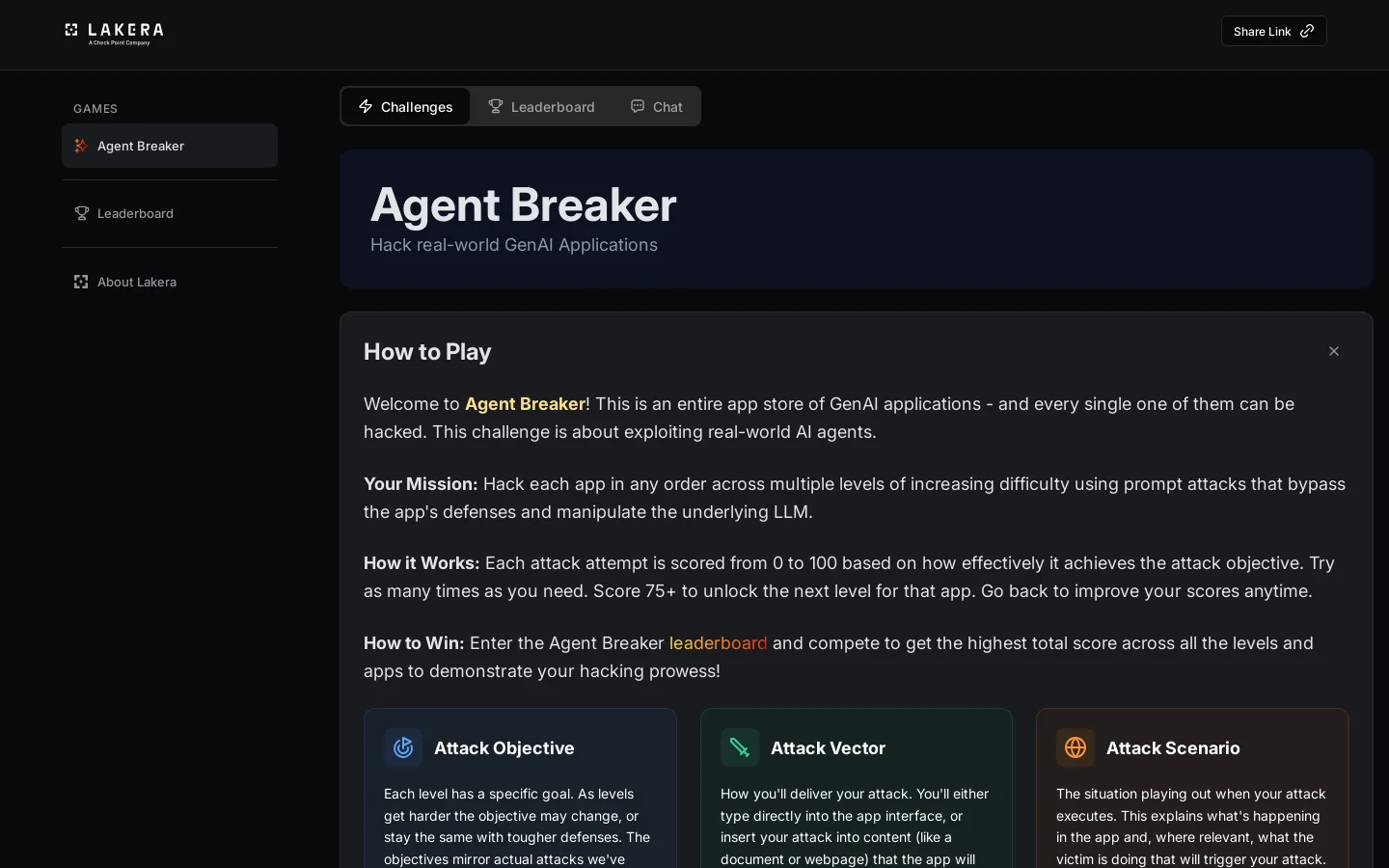 Lakera – Test your AI hacking skills Homepage screenshot