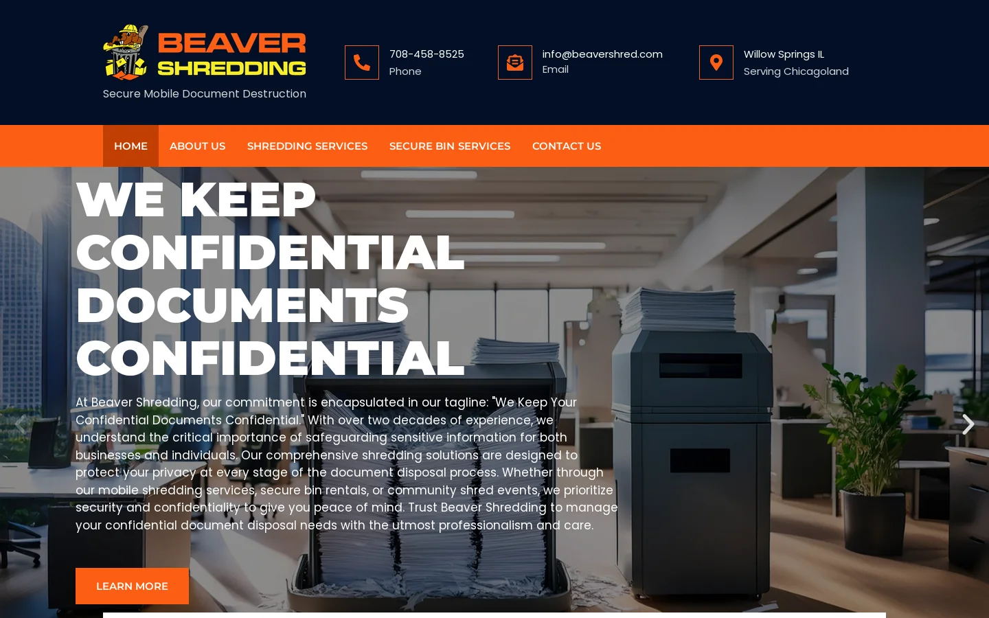 Beaver Shredding Homepage screenshot