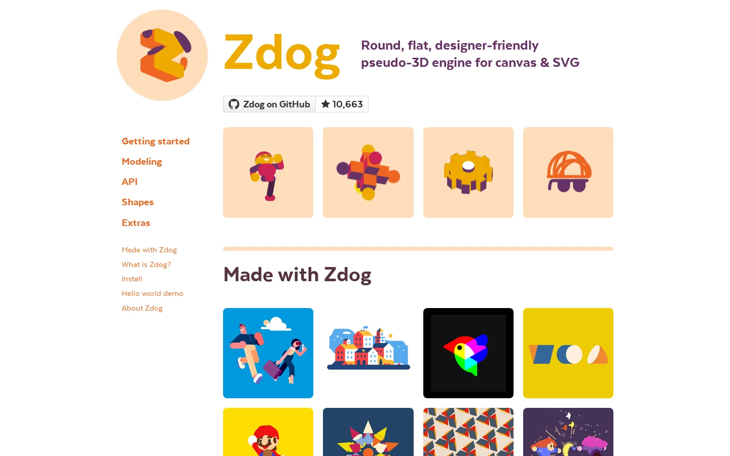 Zdog · Round, flat, designer-friendly pseudo-3D engine for canvas and SVG Homepage screenshot