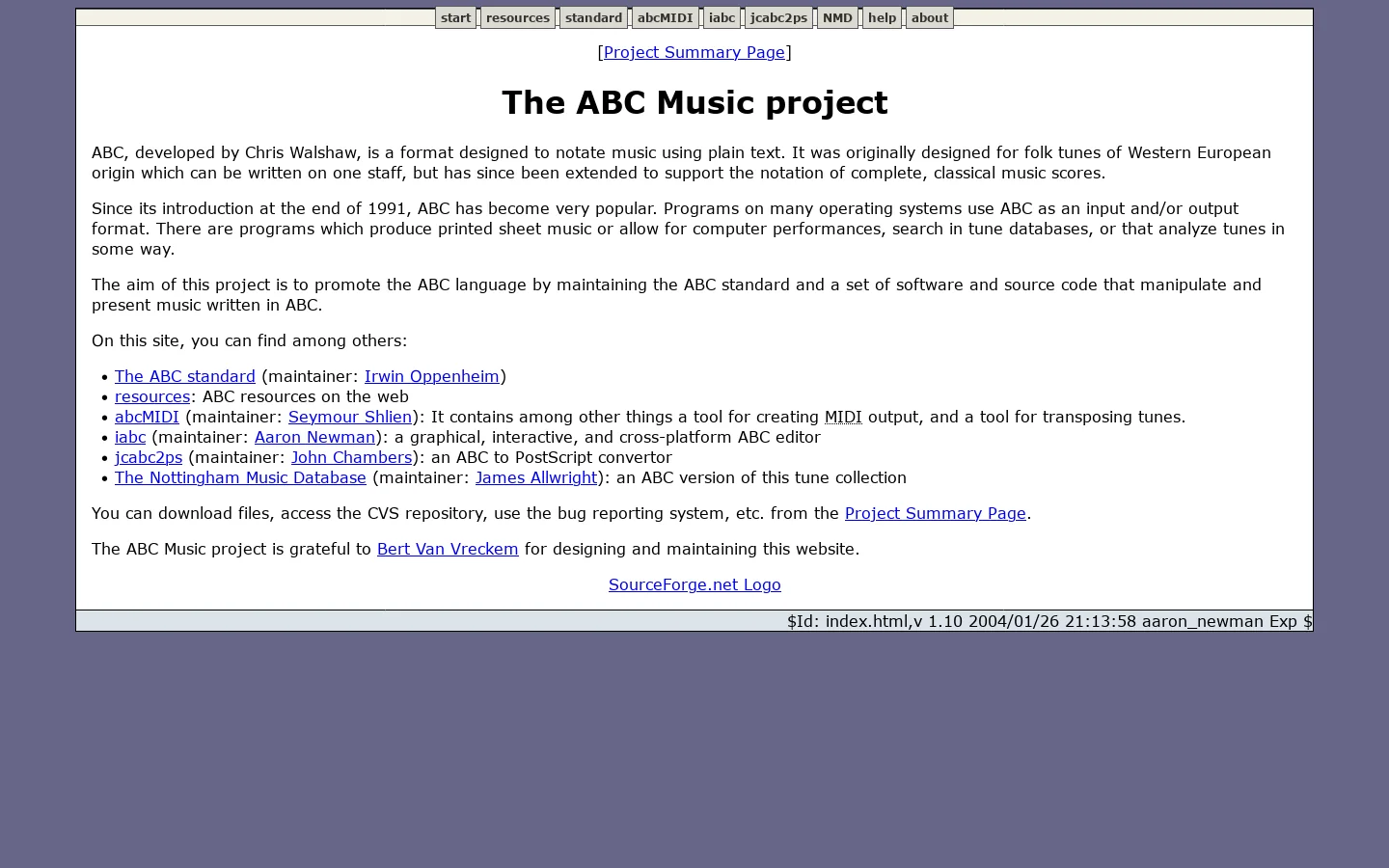 The ABC Music project Homepage screenshot