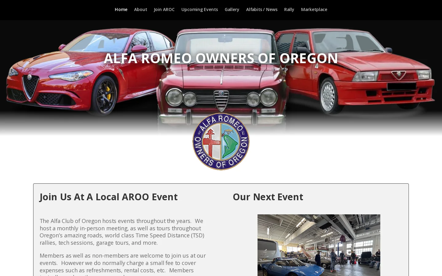 Alfa Romeo Owners of Oregon | AROO - Alfa Romeo Owners Club of Oregon Homepage screenshot