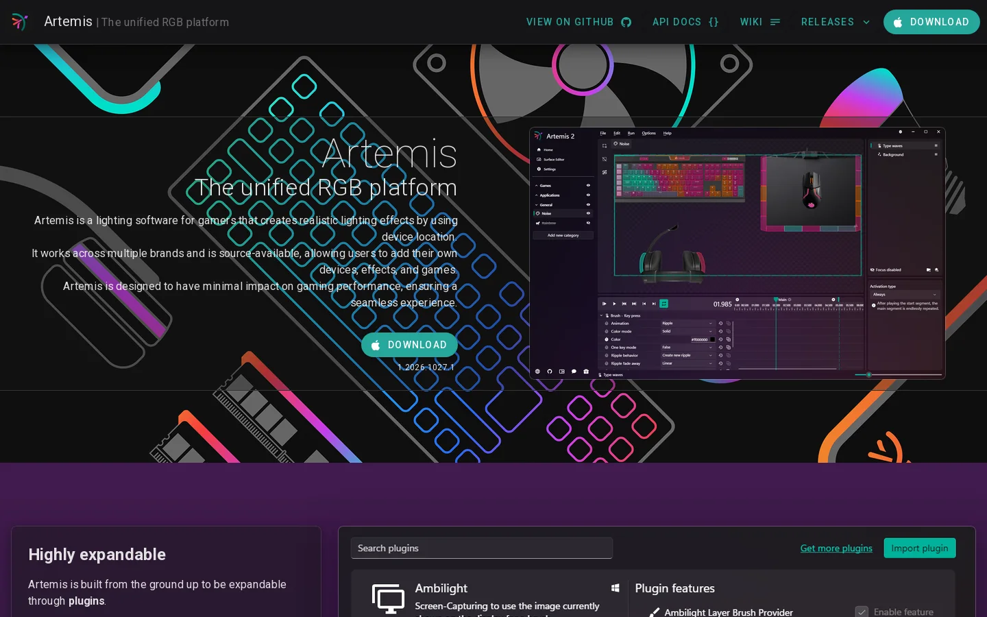 Artemis - The unified RGB platform Homepage screenshot