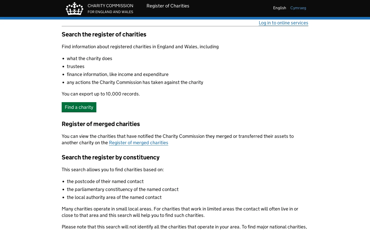 About the register of charities Homepage screenshot
