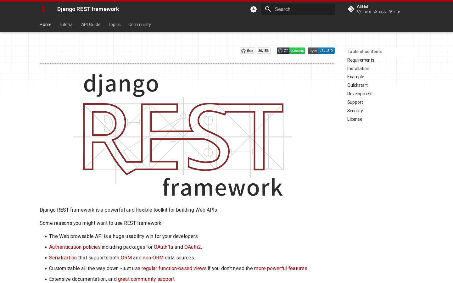 Django REST framework Homepage screenshot