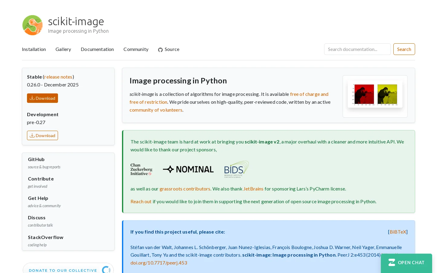 scikit-image Homepage screenshot