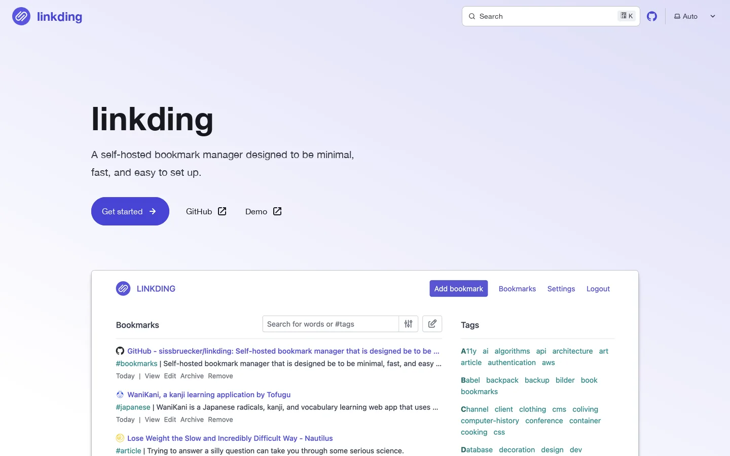linkding Homepage screenshot