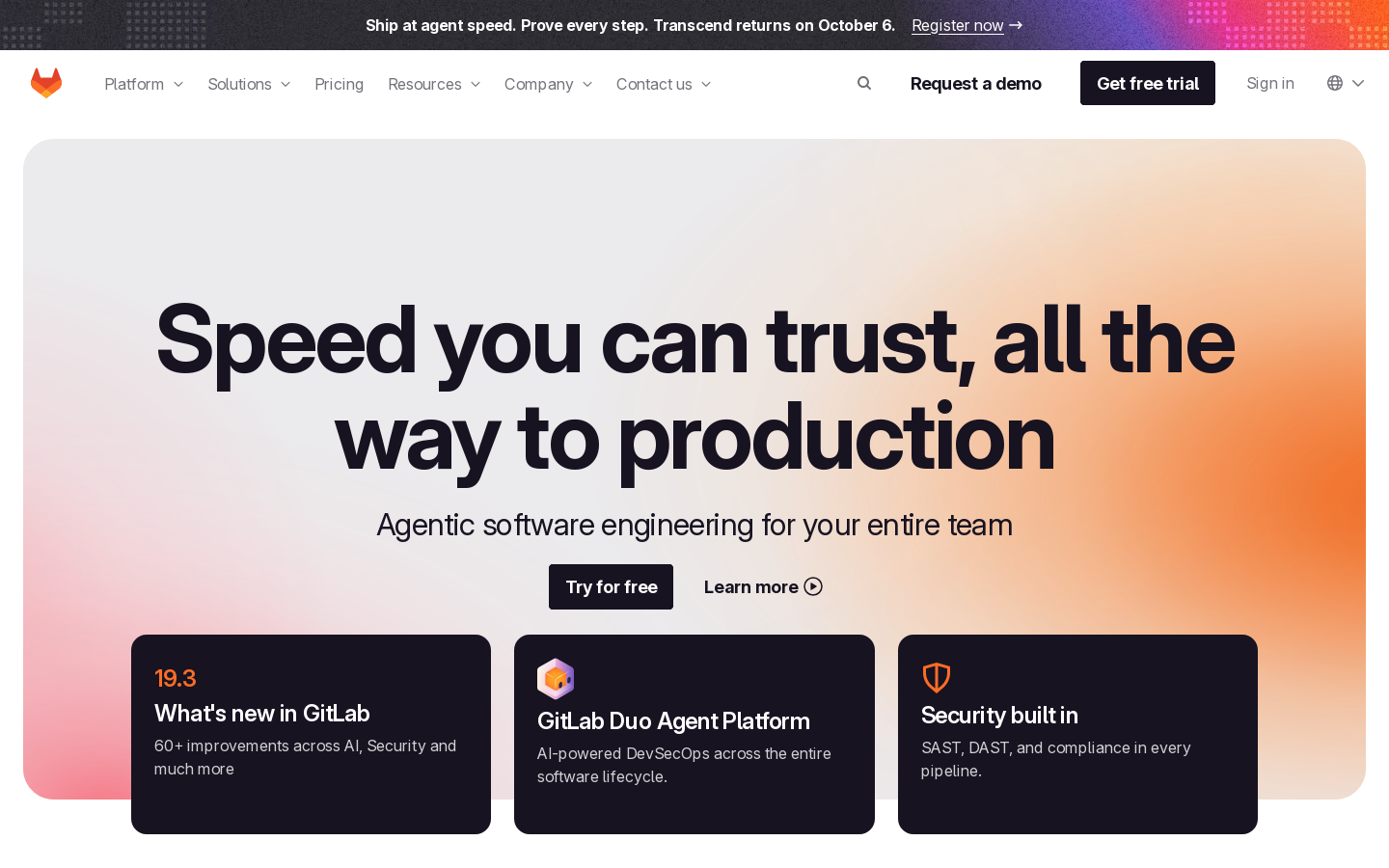 GitLab - Speed with control for agentic software engineering Homepage screenshot