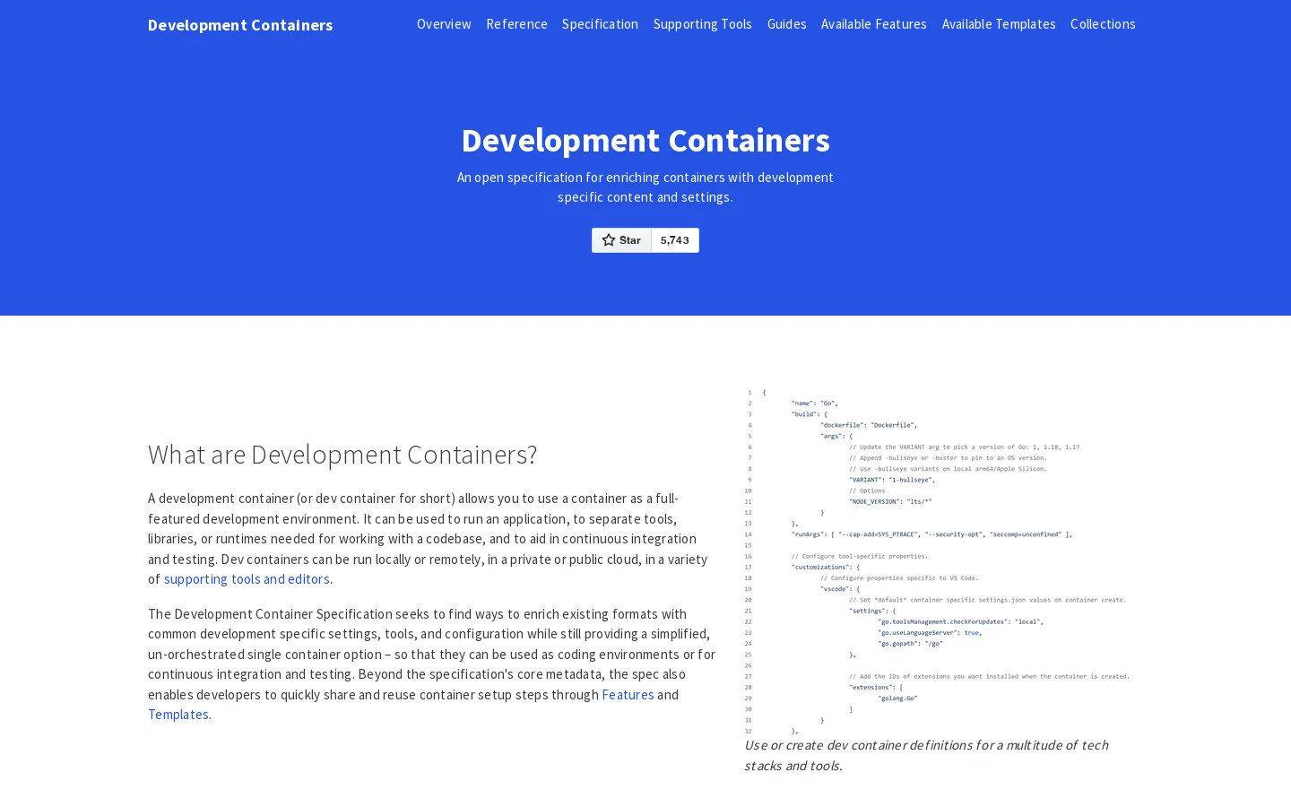 Development containers Homepage screenshot