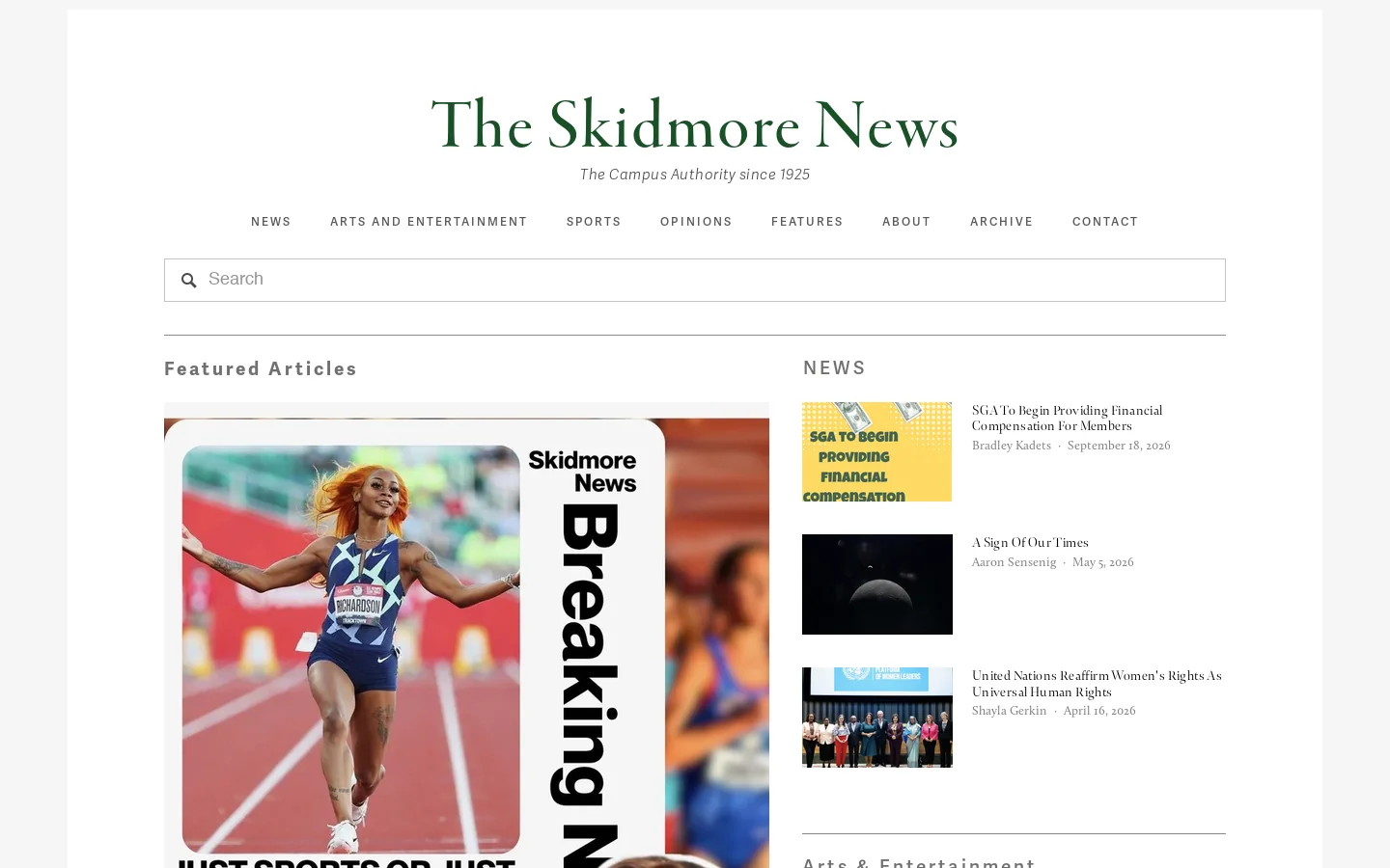 The Skidmore News Homepage screenshot
