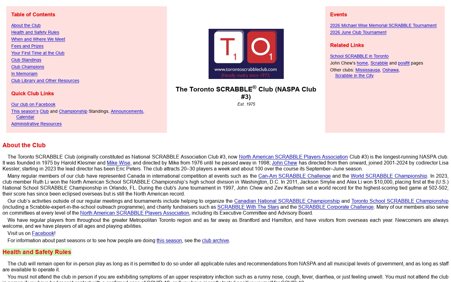 The Toronto SCRABBLE(R) Club (NASPA Club #3) Homepage screenshot