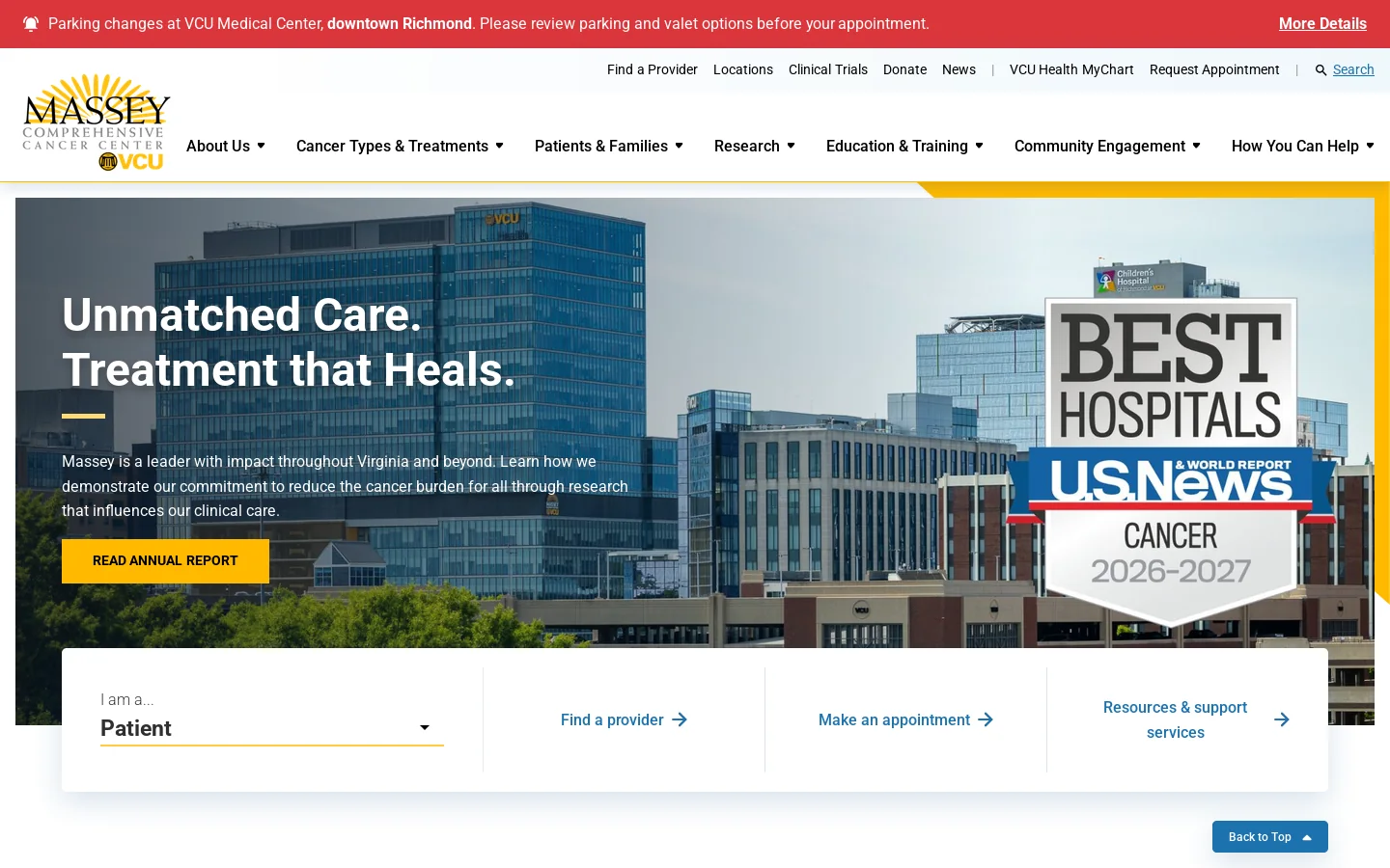 Award-winning cancer care in Virginia | VCU Massey Comprehensive Cancer Center Homepage screenshot