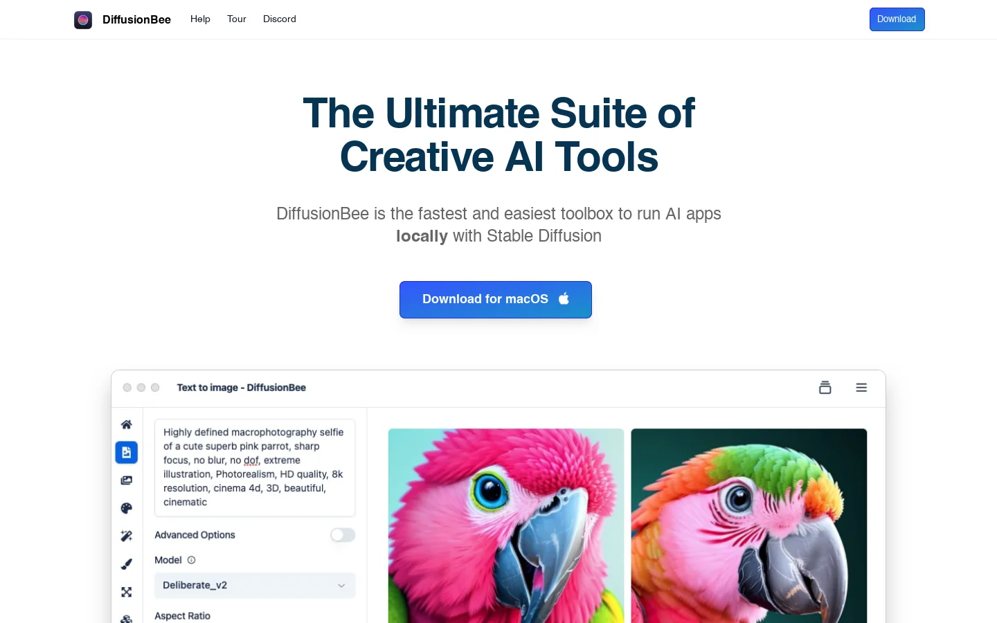 DiffusionBee Homepage screenshot