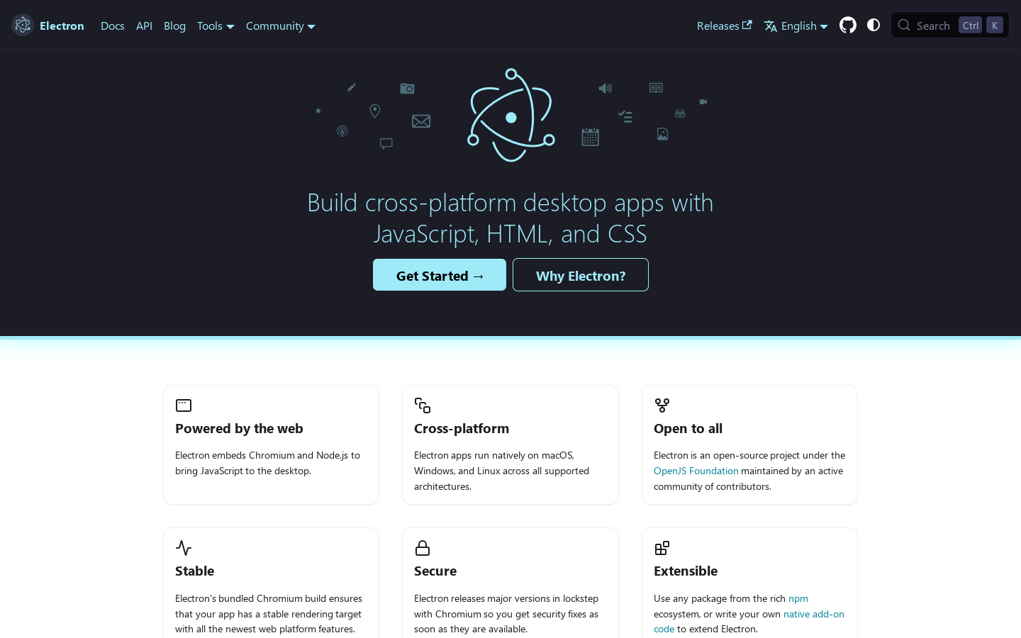 Build cross-platform desktop apps with JavaScript, HTML, and CSS | Electron Homepage screenshot