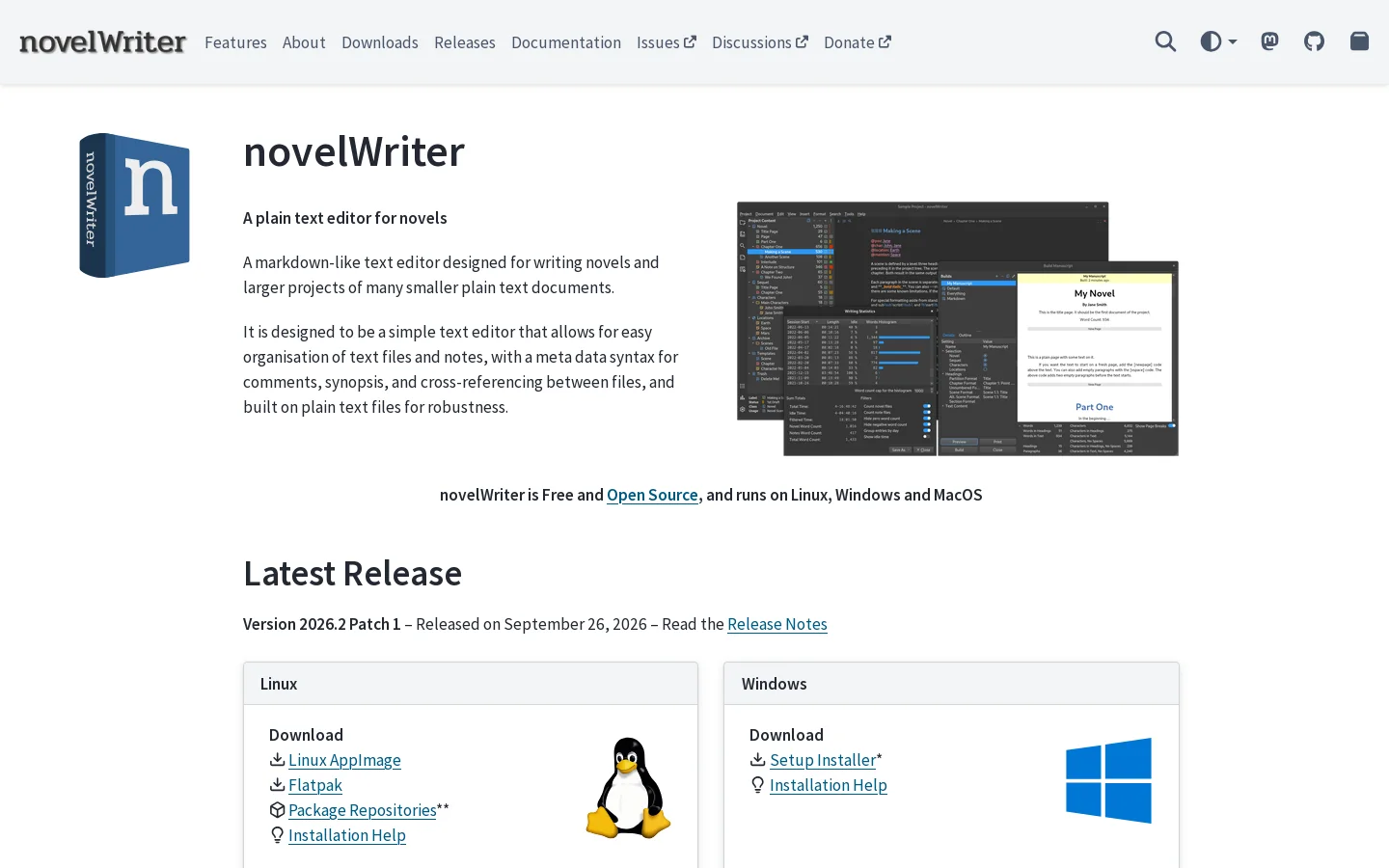 novelWriter Homepage screenshot