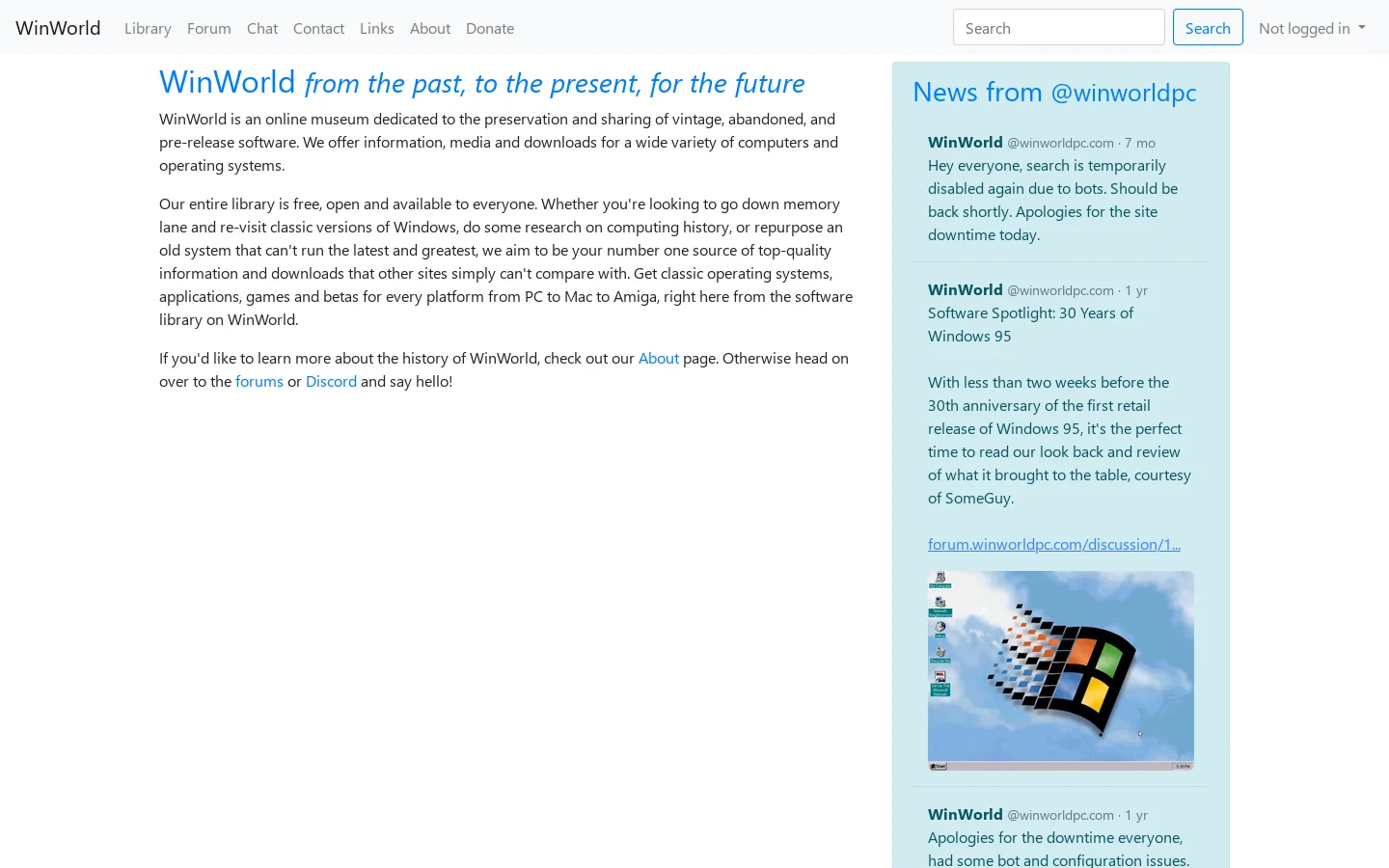 WinWorld: Welcome Homepage screenshot
