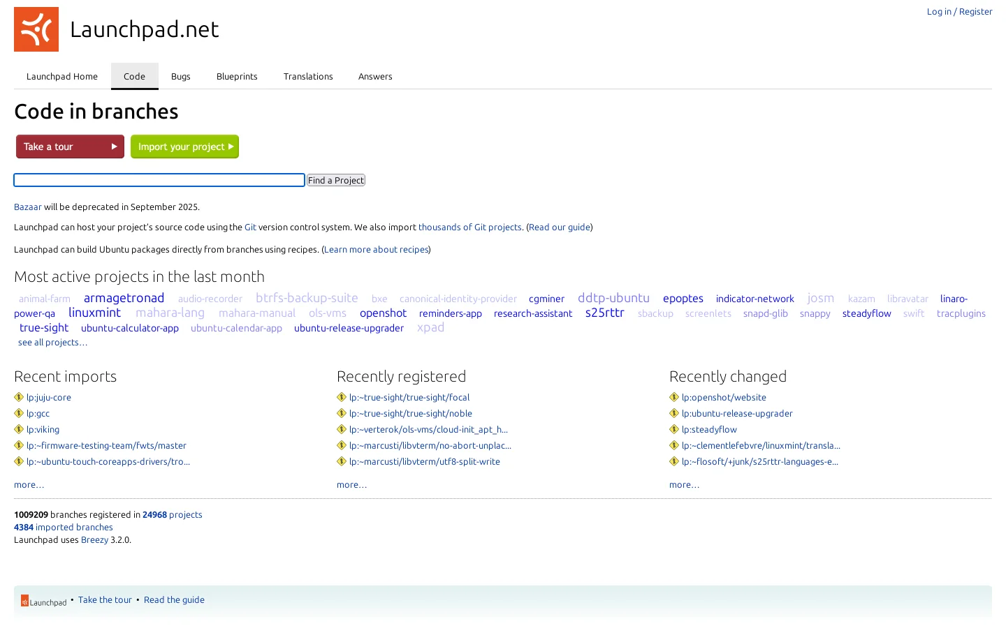 Launchpad Branches Homepage screenshot